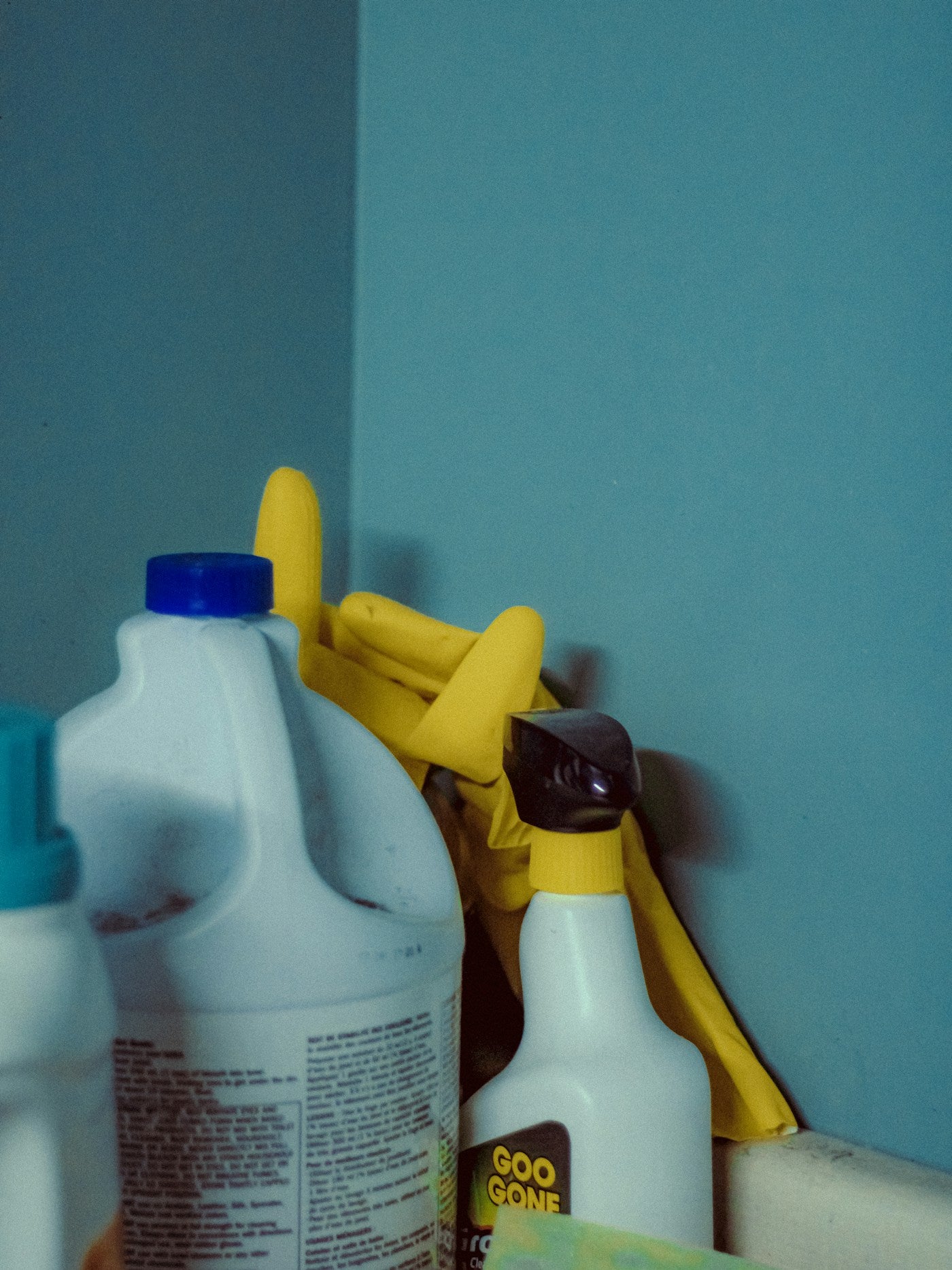 Household cleaning products arranged beside a sink