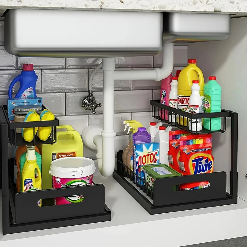 XL 2-Tier Under-Sink Sliding Organizer – Rust-Resistant Stainless-Steel Storage Rack
