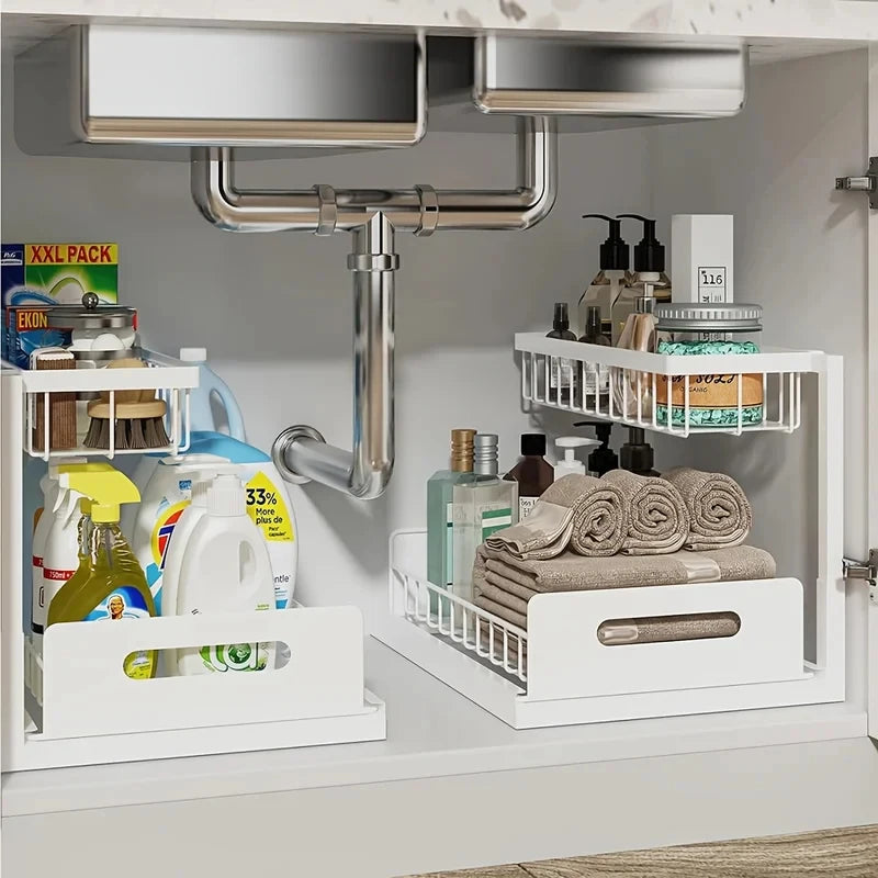 XL 2-Tier Under-Sink Sliding Organizer – Rust-Resistant Stainless-Steel Storage Rack