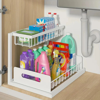XL 2-Tier Under-Sink Sliding Organizer – Rust-Resistant Stainless-Steel Storage Rack