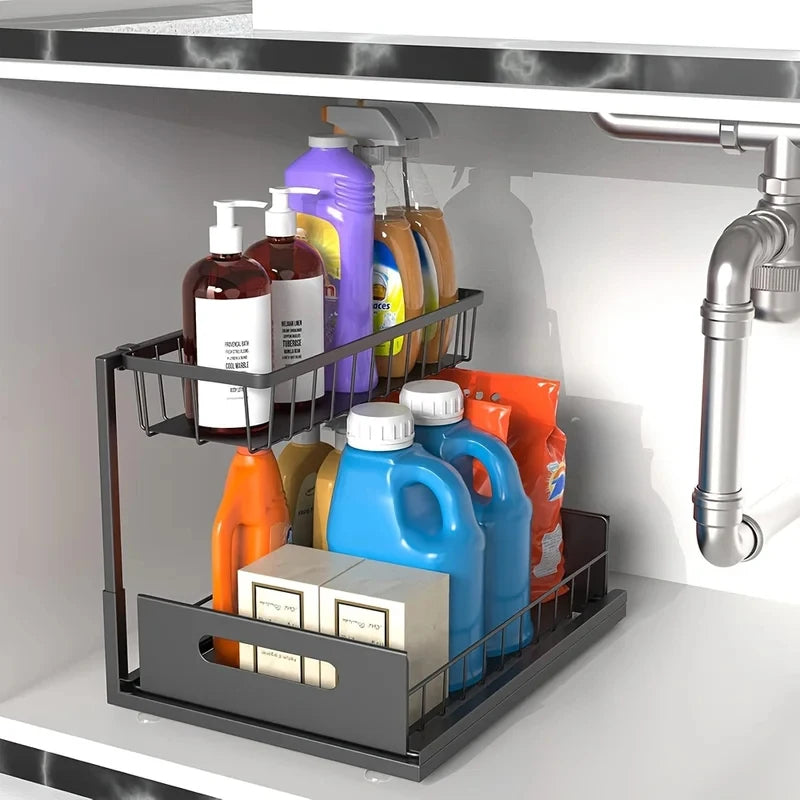 XL 2-Tier Under-Sink Sliding Organizer – Rust-Resistant Stainless-Steel Storage Rack
