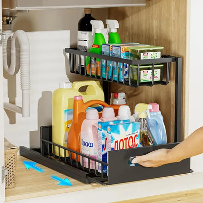 XL 2-Tier Under-Sink Sliding Organizer – Rust-Resistant Stainless-Steel Storage Rack