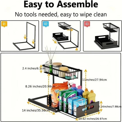 XL 2-Tier Under-Sink Sliding Organizer – Rust-Resistant Stainless-Steel Storage Rack