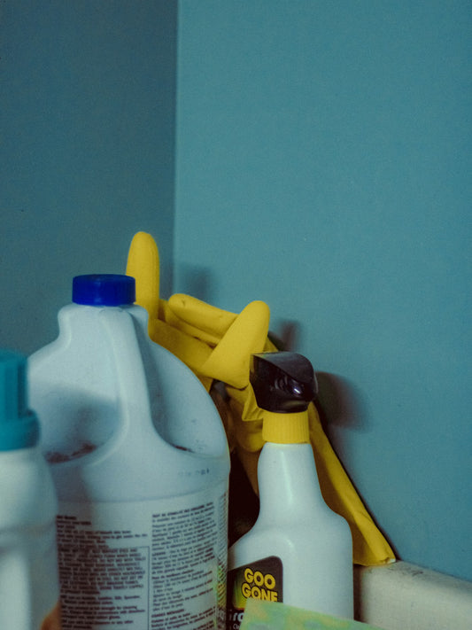 Household cleaning products arranged beside a sink